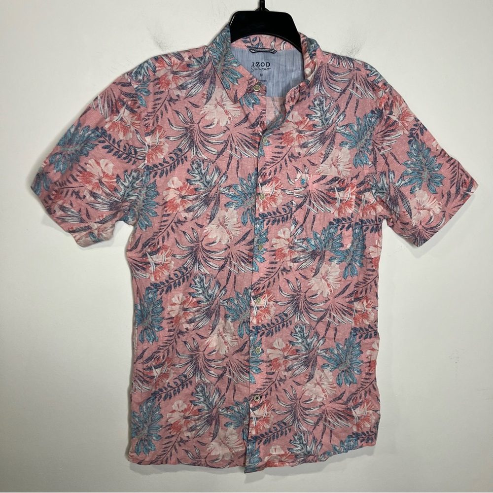 Izod saltwater casual button down shirt tropical hibiscus print mens size medium